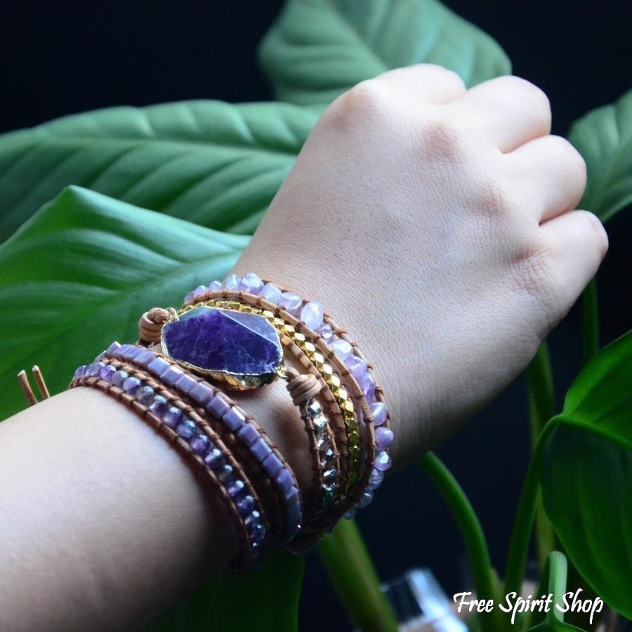 Handmade Natural Amethyst Gemstone Leather Wrap Bracelet - Free Spirit Shop