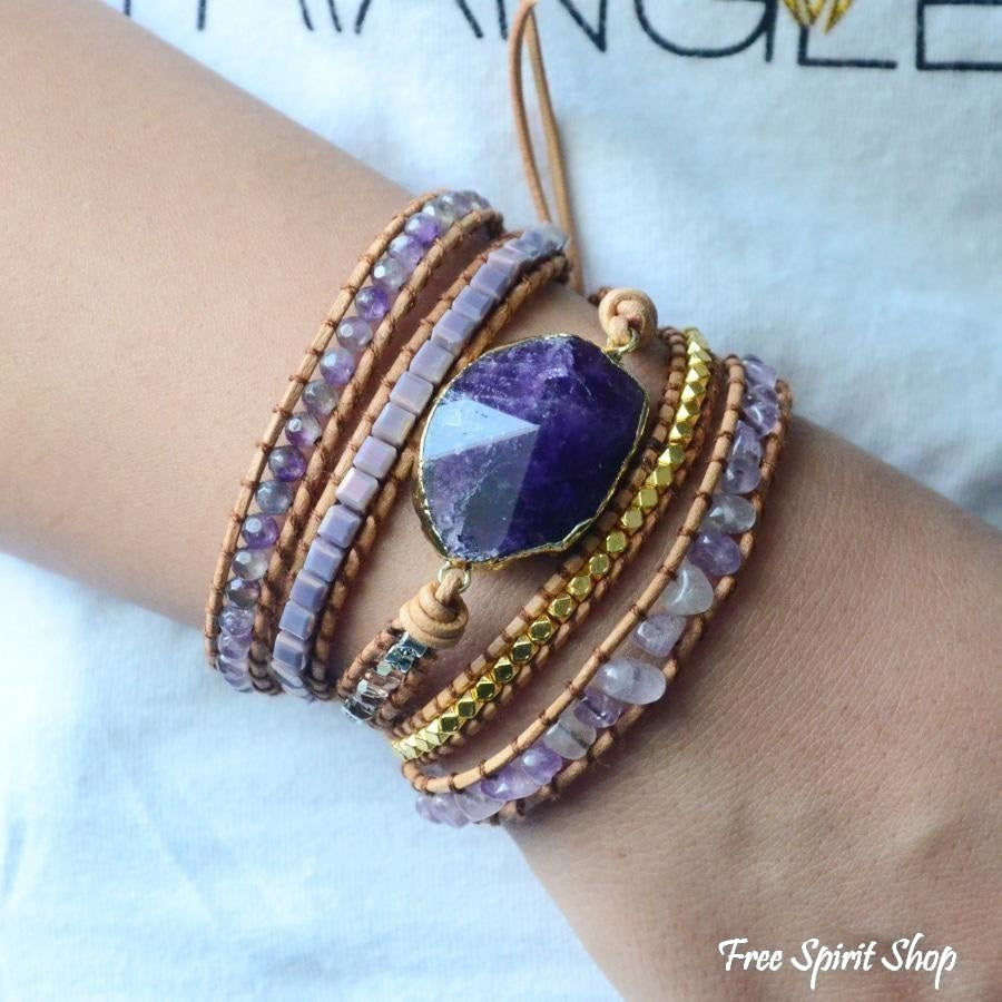 Handmade Natural Amethyst Gemstone Leather Wrap Bracelet - Free Spirit Shop