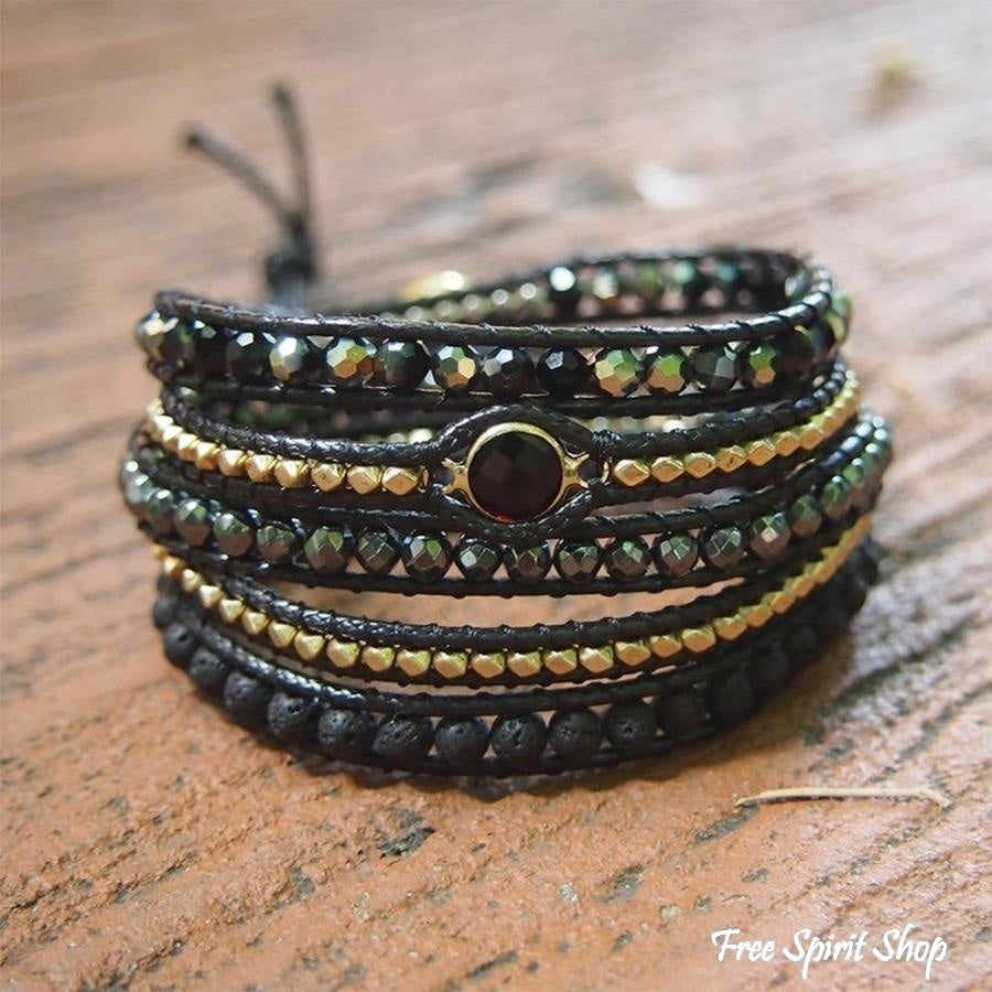 Handmade Natural Black Lava Stone & Hematite Gemstone Wrap Bracelet - Free Spirit Shop