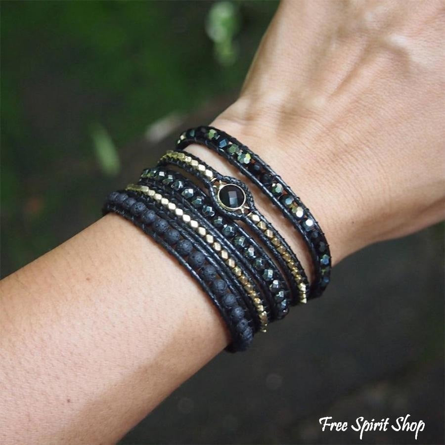 Handmade Natural Black Lava Stone & Hematite Gemstone Wrap Bracelet - Free Spirit Shop