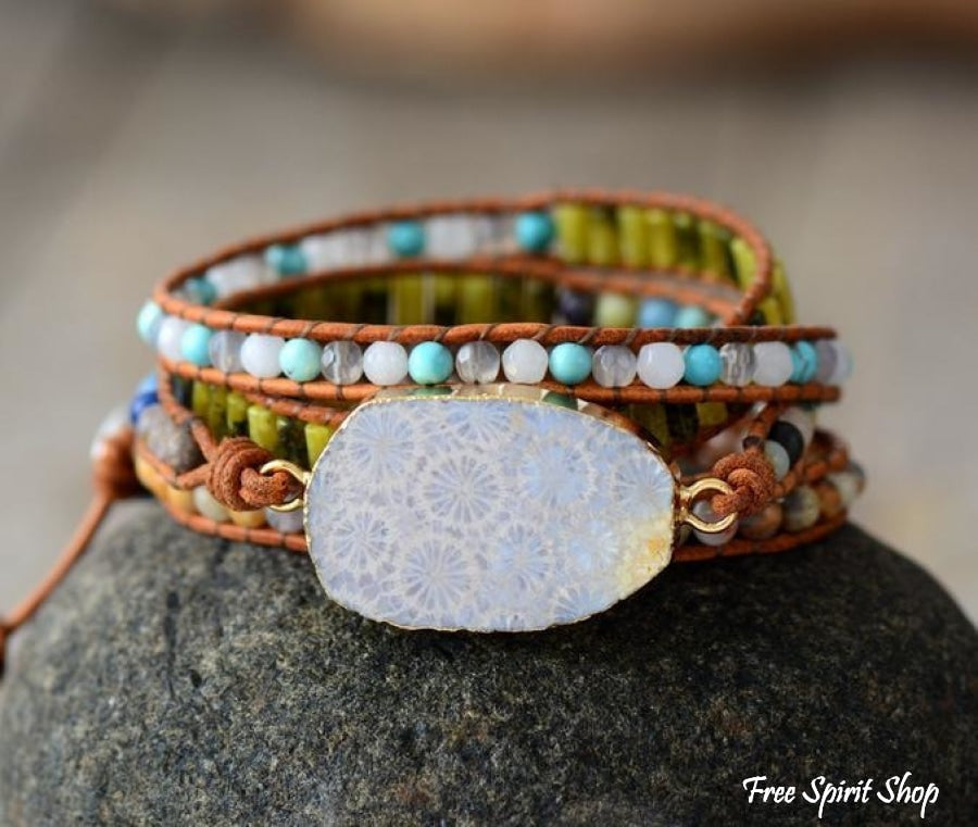 Handmade Natural Chrysanthemum Gemstone Leather Wrap Bracelet - Free Spirit Shop