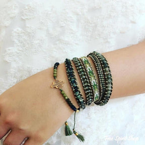 Handmade Natural Green Agate & Labradorite Gemstone Leather Wrap Bracelet - Free Spirit Shop