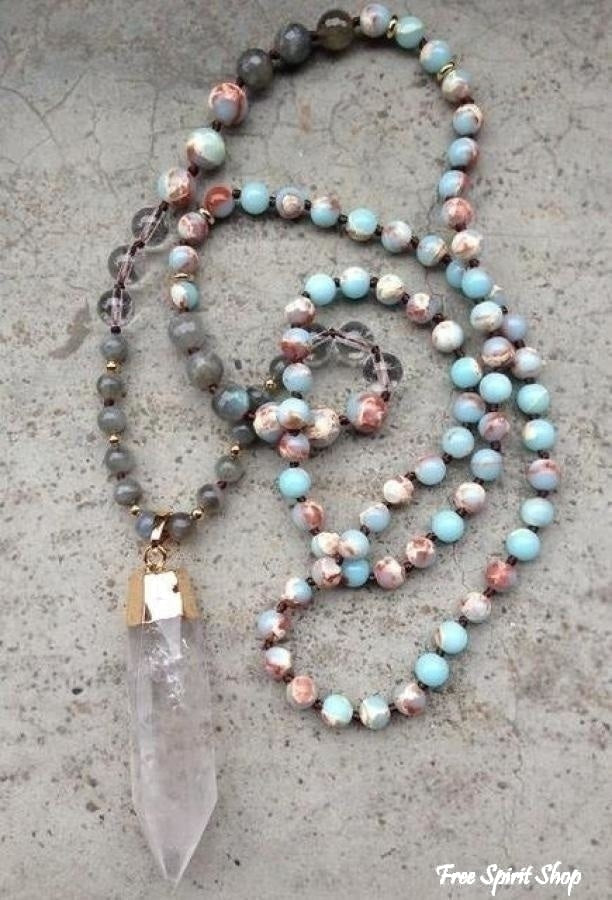 Handmade Natural Indian Agate, Labradorite & Clear Quartz Mala Bead Necklace - Free Spirit Shop