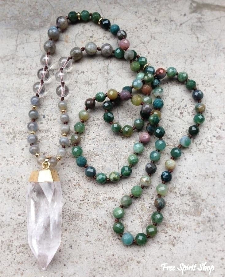 Handmade Natural Indian Agate, Labradorite & Clear Quartz Mala Bead Necklace - Free Spirit Shop