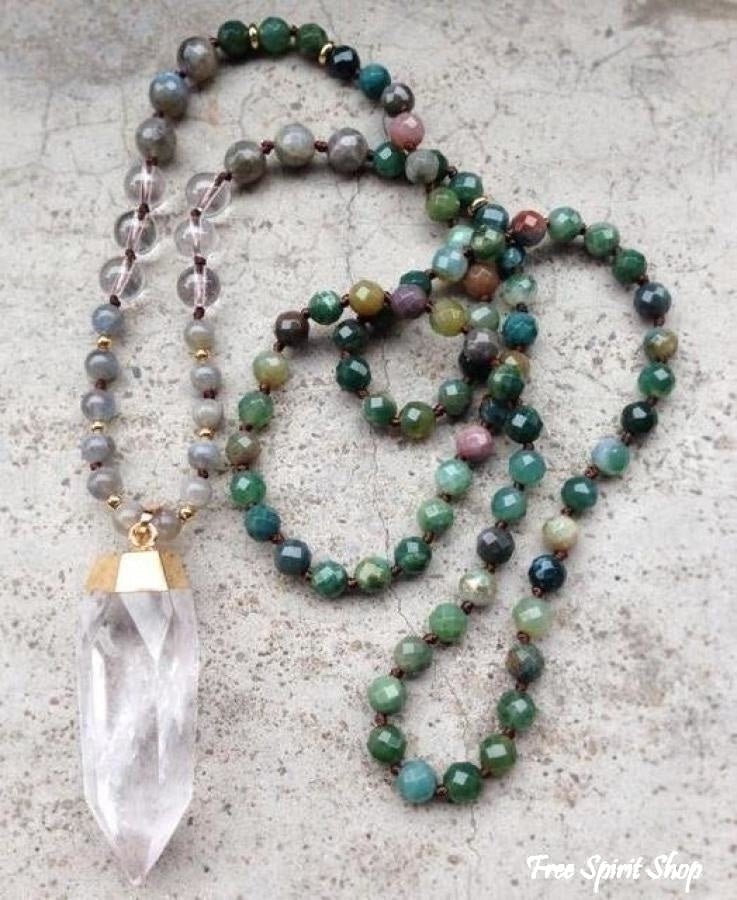 Handmade Natural Indian Agate, Labradorite & Clear Quartz Mala Bead Necklace - Free Spirit Shop