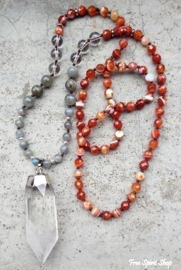 Handmade Natural Indian Agate, Labradorite & Clear Quartz Mala Bead Necklace - Free Spirit Shop