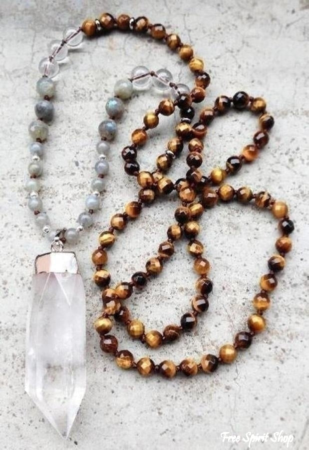 Handmade Natural Indian Agate, Labradorite & Clear Quartz Mala Bead Necklace - Free Spirit Shop