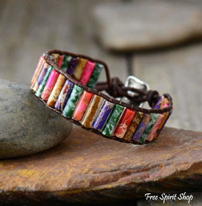 Handmade Natural Jasper & Agate Stone Leather Wrap Bracelet - Free Spirit Shop