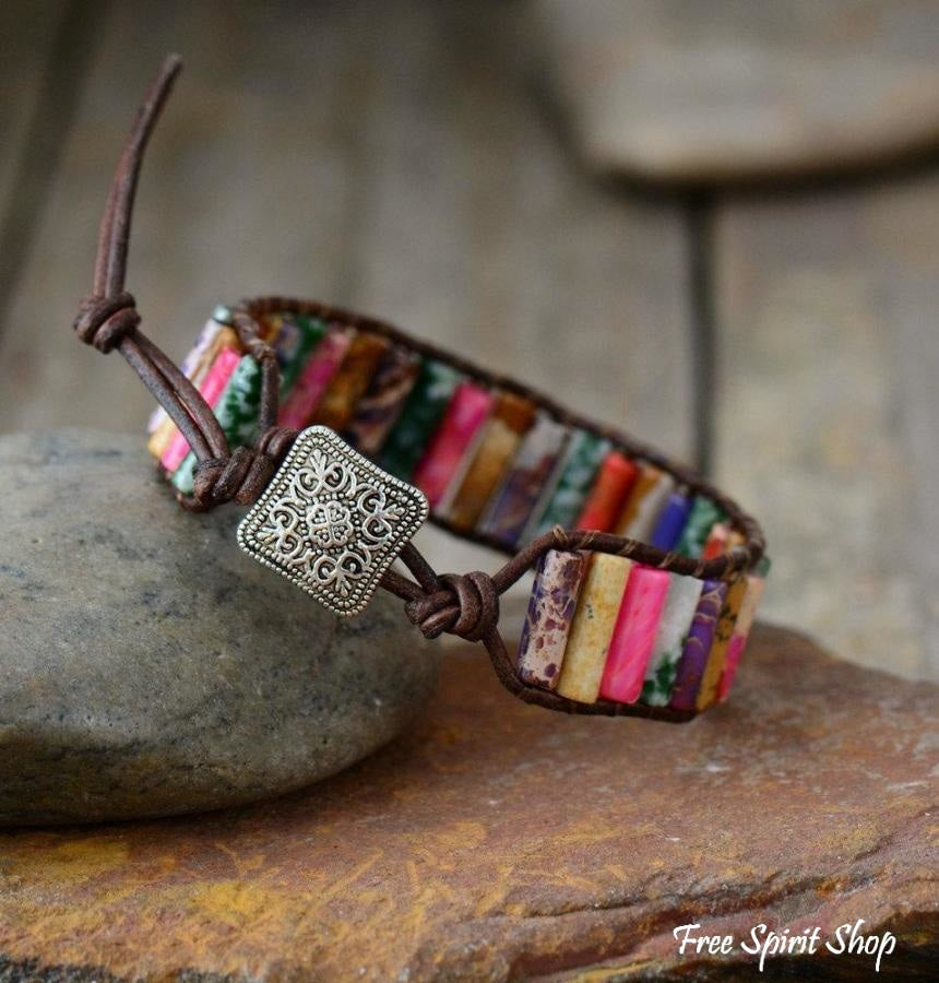 Handmade Natural Jasper & Agate Stone Leather Wrap Bracelet - Free Spirit Shop