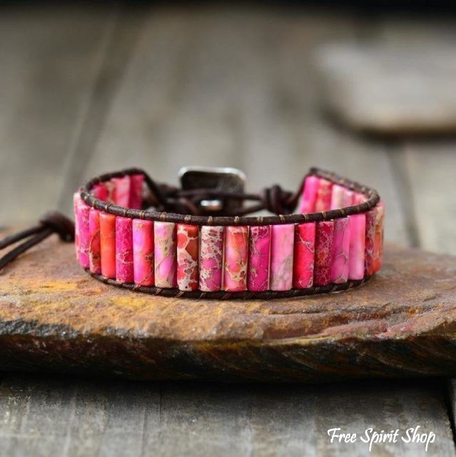 Handmade Natural Jasper & Agate Stone Leather Wrap Bracelet - Free Spirit Shop