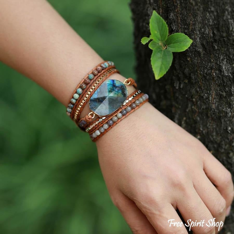 Handmade Natural Labradorite Agate & Jasper Wrap Bracelet - Free Spirit Shop