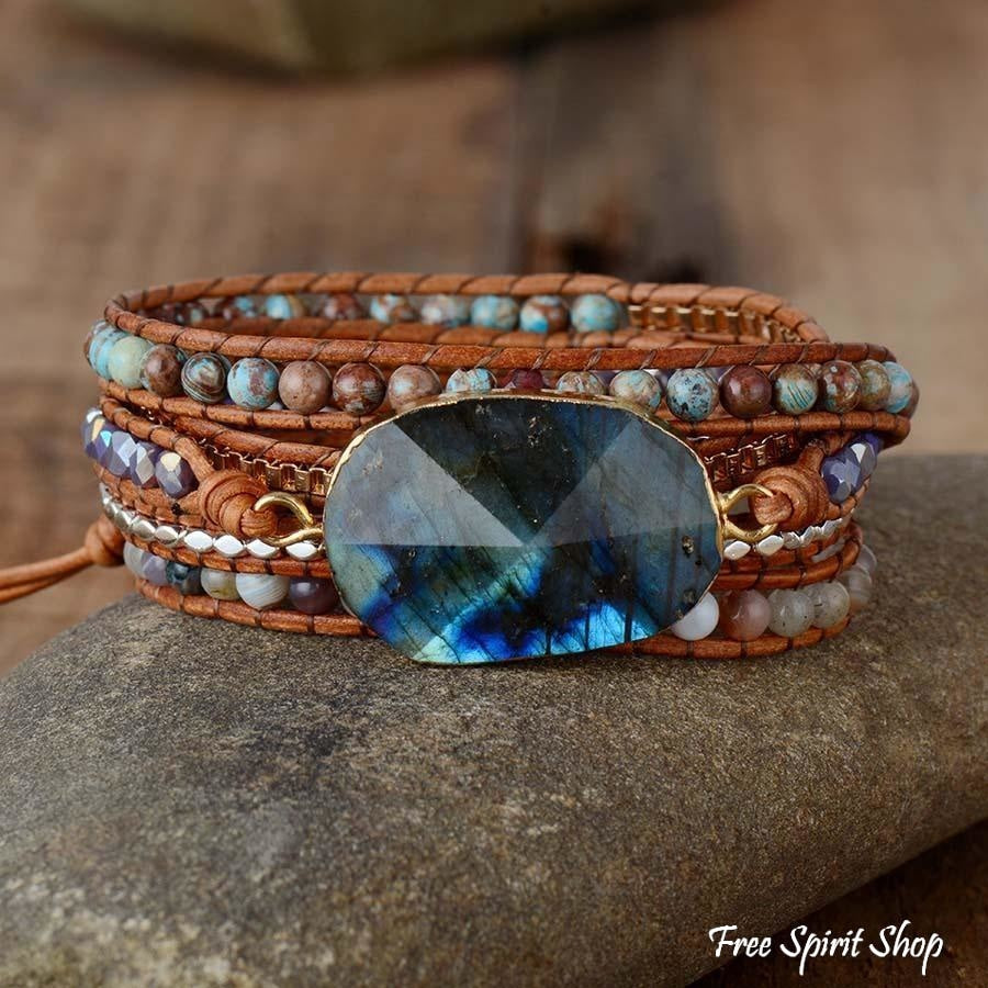 Handmade Natural Labradorite Agate & Jasper Wrap Bracelet - Free Spirit Shop