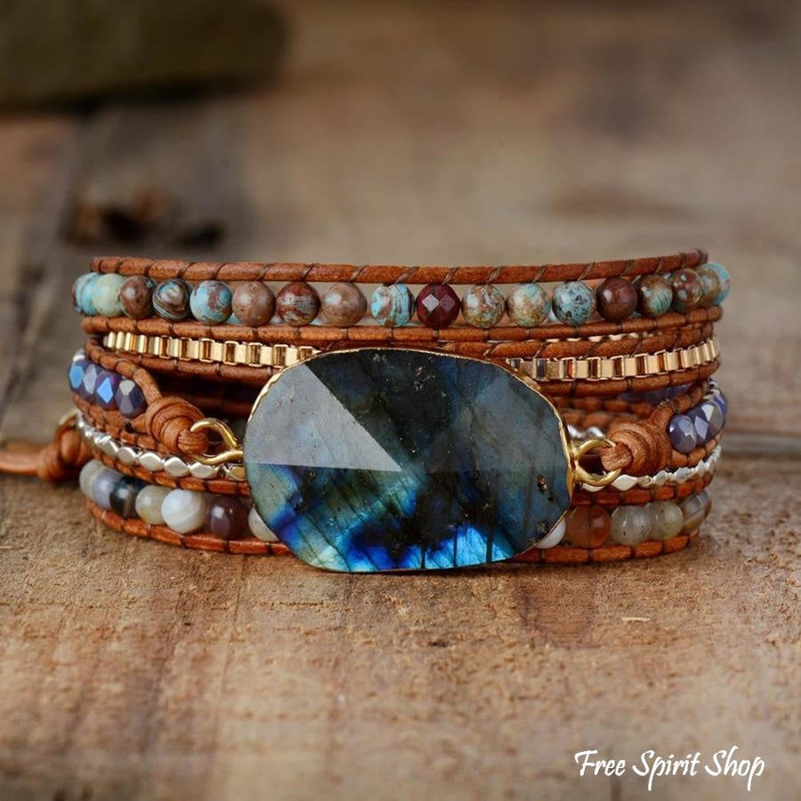 Handmade Natural Labradorite Agate & Jasper Wrap Bracelet - Free Spirit Shop