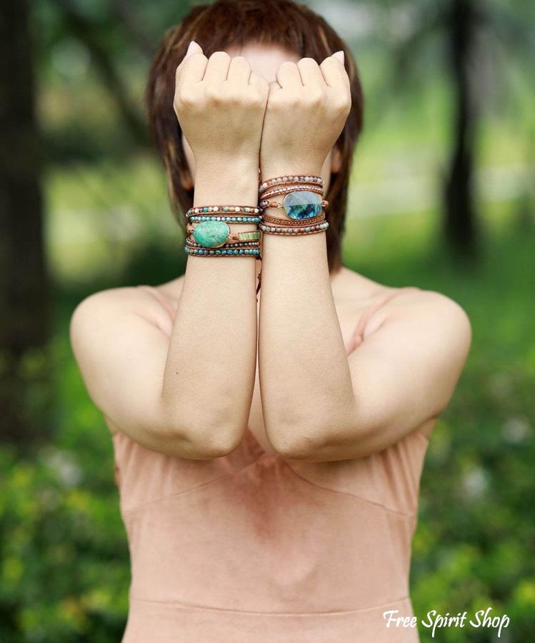 Handmade Natural Labradorite Agate & Jasper Wrap Bracelet - Free Spirit Shop