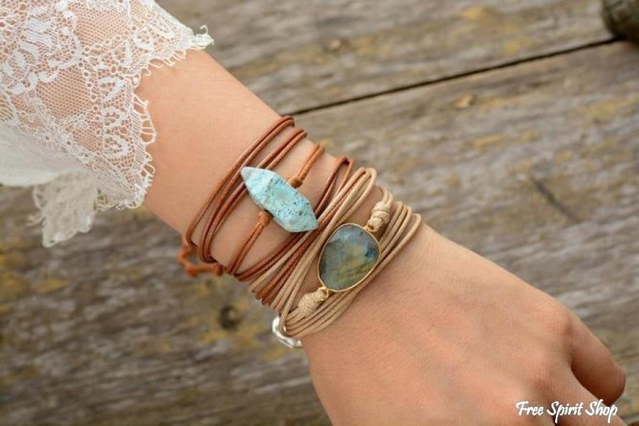 Handmade Natural Labradorite Gemstone Wrap Bracelet - Free Spirit Shop