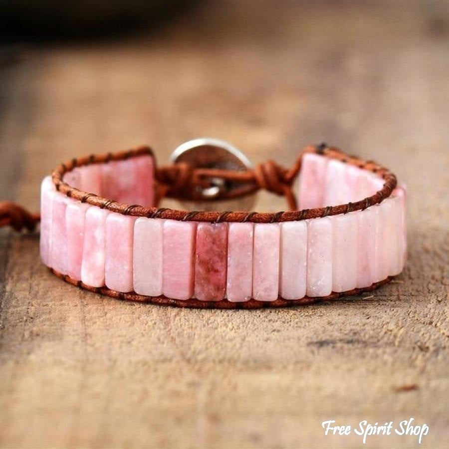 Handmade Natural Pink Opal Stone Leather Wrap Bracelet - Free Spirit Shop