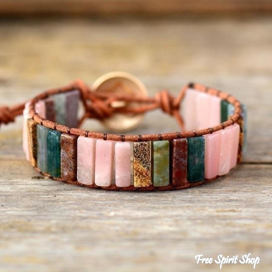 Handmade Natural Pink Opal Stone Leather Wrap Bracelet - Free Spirit Shop