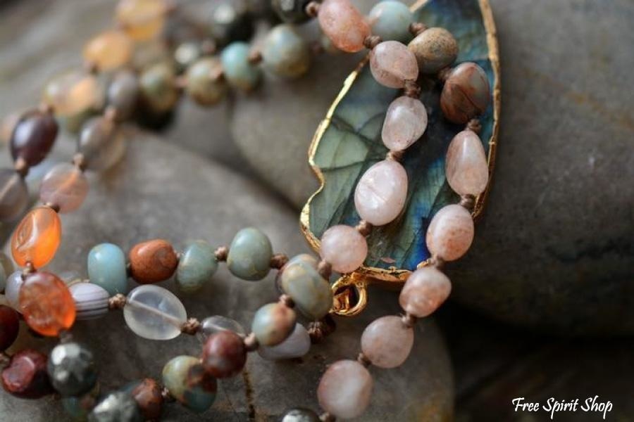 Handmade Natural Strawberry Quartz & Pyrite Necklace with Labradorite Pendant - Free Spirit Shop