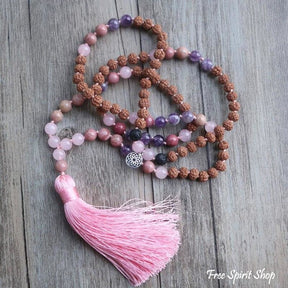Handmade Rudraksha Rose & Purple Quartz Mala Bead Necklace - Free Spirit Shop
