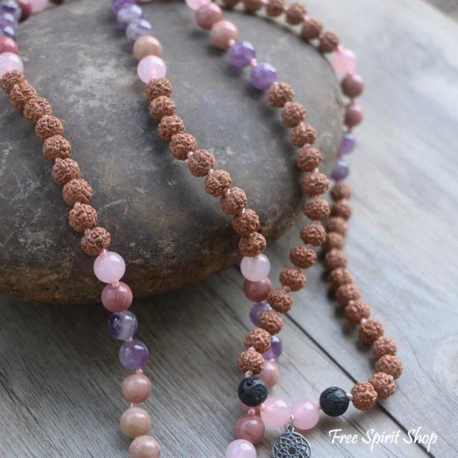 Handmade Rudraksha Rose & Purple Quartz Mala Bead Necklace - Free Spirit Shop