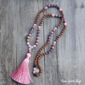 Handmade Rudraksha Rose & Purple Quartz Mala Bead Necklace - Free Spirit Shop