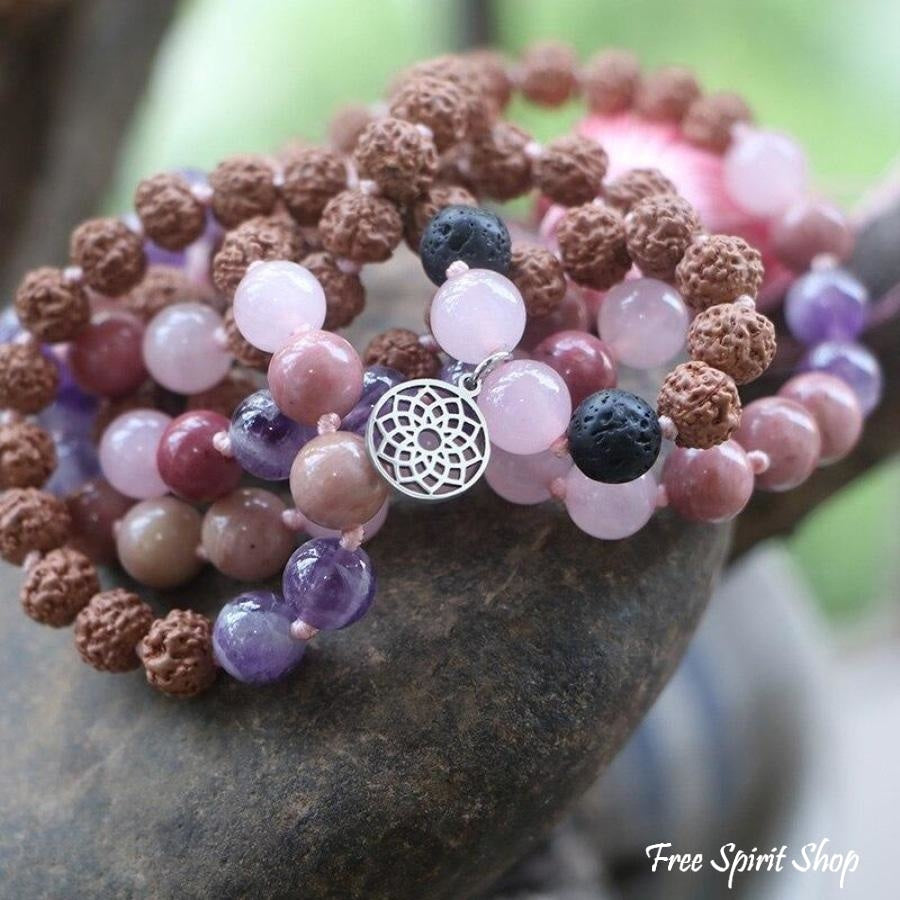 Handmade Rudraksha Rose & Purple Quartz Mala Bead Necklace - Free Spirit Shop