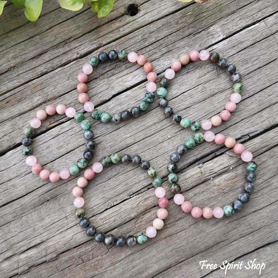 Natural African Turquoise Labradorite Rhodonite & Rose Quartz Bead Bracelet - Free Spirit Shop