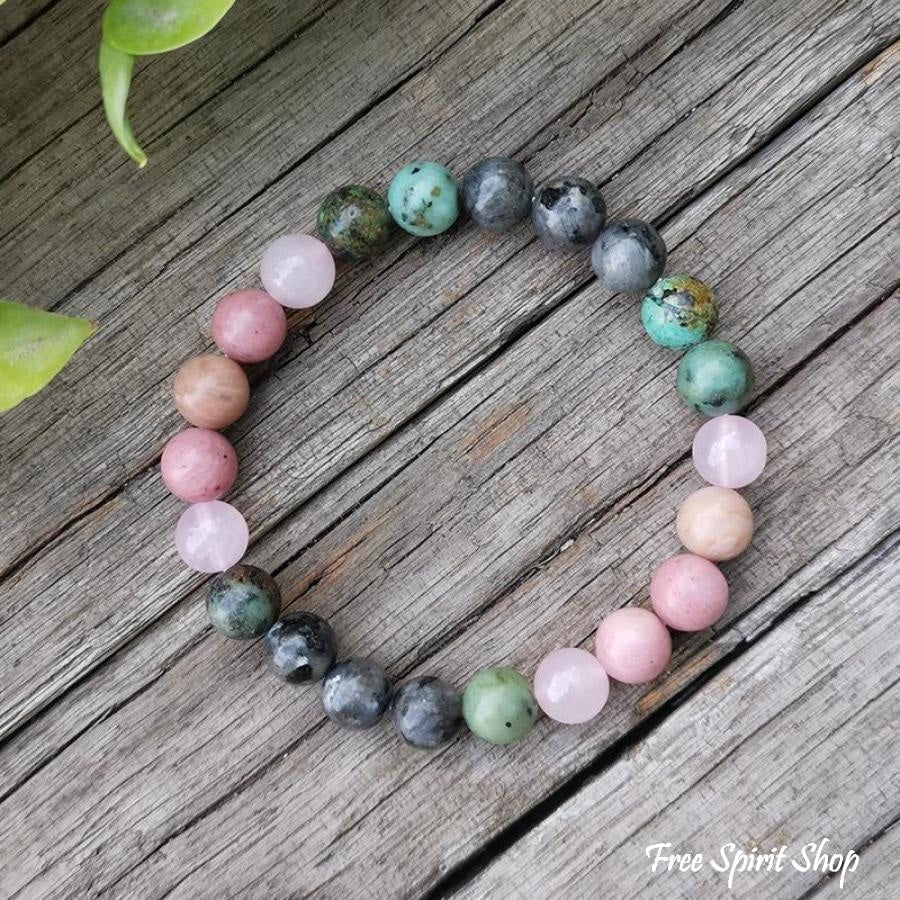 Natural African Turquoise Labradorite Rhodonite & Rose Quartz Bead Bracelet - Free Spirit Shop