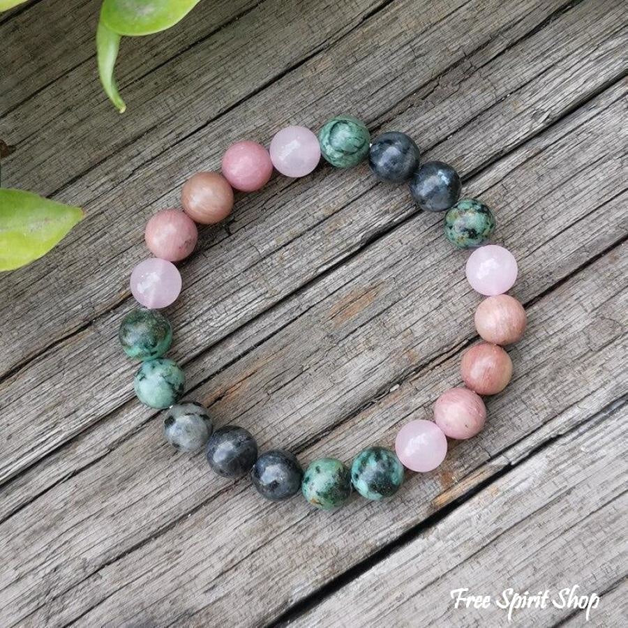 Natural African Turquoise Labradorite Rhodonite & Rose Quartz Bead Bracelet - Free Spirit Shop