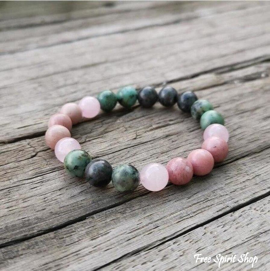 Natural African Turquoise Labradorite Rhodonite & Rose Quartz Bead Bracelet - Free Spirit Shop