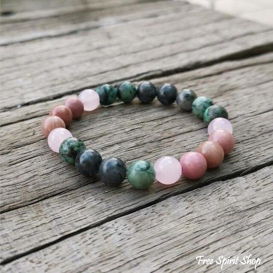 Natural African Turquoise Labradorite Rhodonite & Rose Quartz Bead Bracelet - Free Spirit Shop