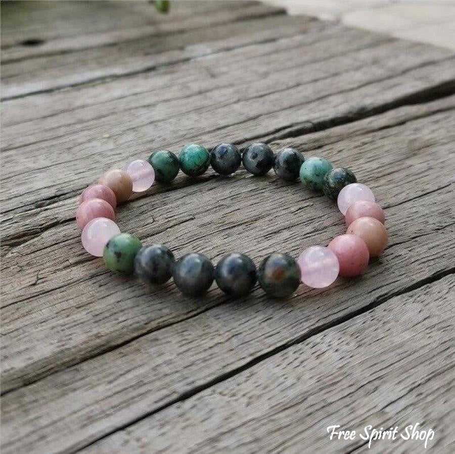 Natural African Turquoise Labradorite Rhodonite & Rose Quartz Bead Bracelet - Free Spirit Shop