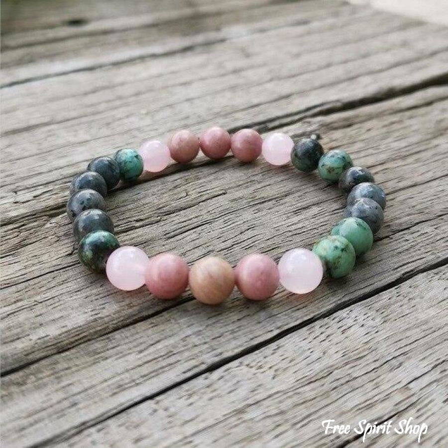 Natural African Turquoise Labradorite Rhodonite & Rose Quartz Bead Bracelet - Free Spirit Shop