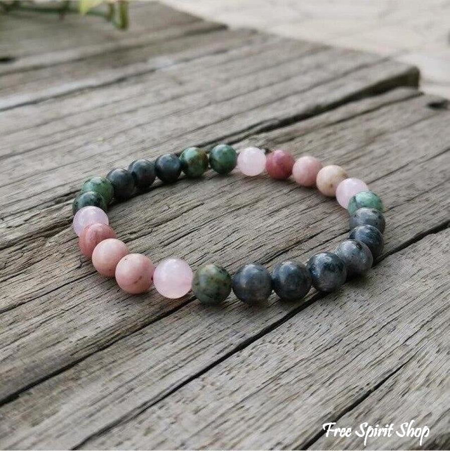 Natural African Turquoise Labradorite Rhodonite & Rose Quartz Bead Bracelet - Free Spirit Shop