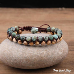 Natural African Turquoise & Picture Jasper Braided Bracelet