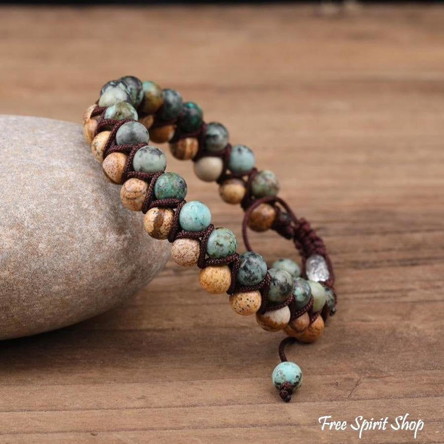 Natural African Turquoise & Picture Jasper Braided Bracelet - Free Spirit Shop