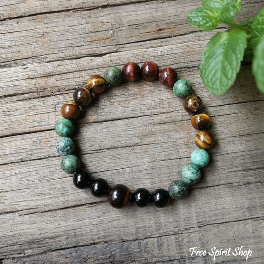 Natural African Turquoise Tiger Eye & Black Onyx Bead Bracelet - Free Spirit Shop