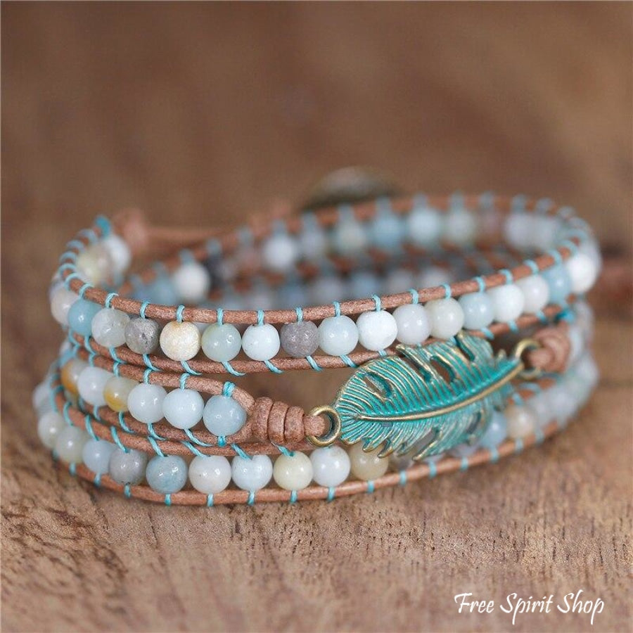 Natural Amazonite Boho Feather Wrap Bracelet - Free Spirit Shop