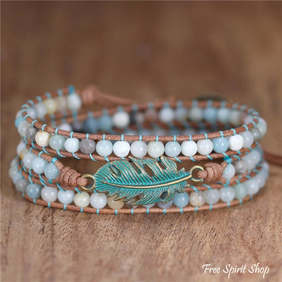 Natural Amazonite Boho Feather Wrap Bracelet - Free Spirit Shop