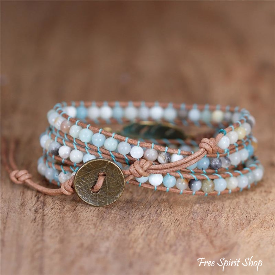 Natural Amazonite Boho Feather Wrap Bracelet - Free Spirit Shop