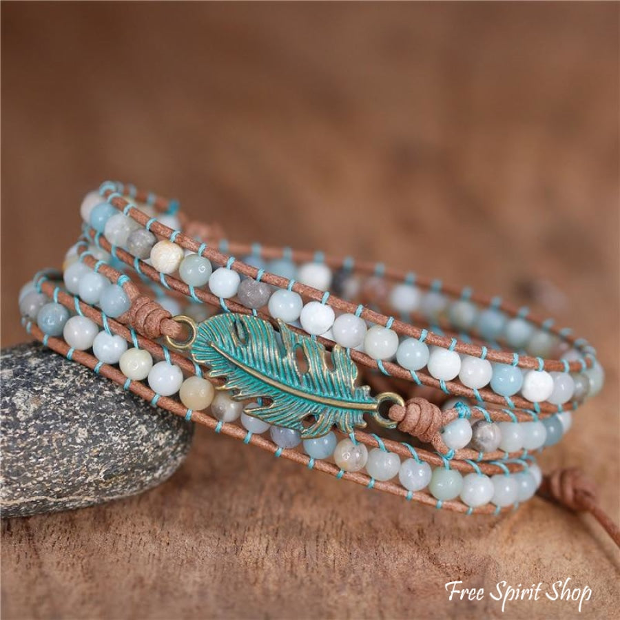 Natural Amazonite Boho Feather Wrap Bracelet - Free Spirit Shop