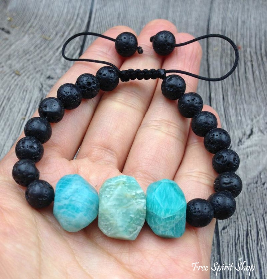 Natural Amazonite Faceted Stone & Black Lava Stone Bracelet - Free Spirit Shop