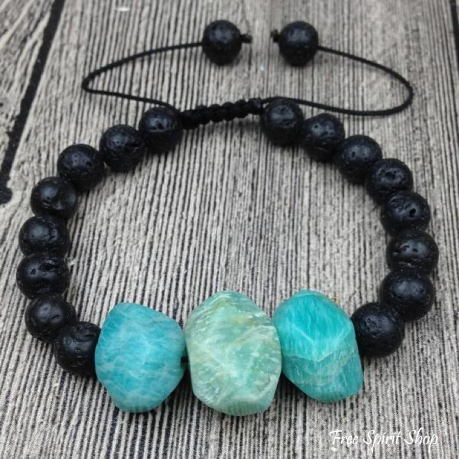 Natural Amazonite Faceted Stone & Black Lava Stone Bracelet - Free Spirit Shop