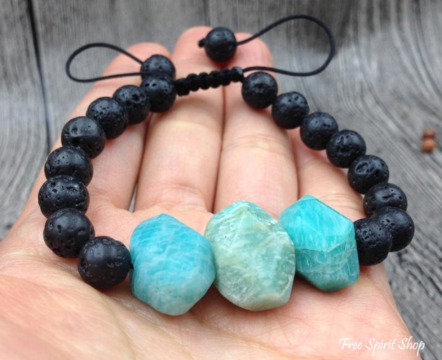 Natural Amazonite Faceted Stone & Black Lava Stone Bracelet - Free Spirit Shop