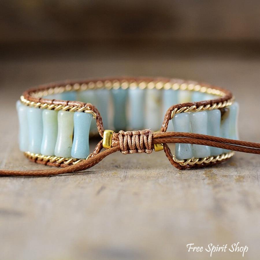 Natural Amazonite Tubes & Gold Chain Adjustable Bead Bracelet