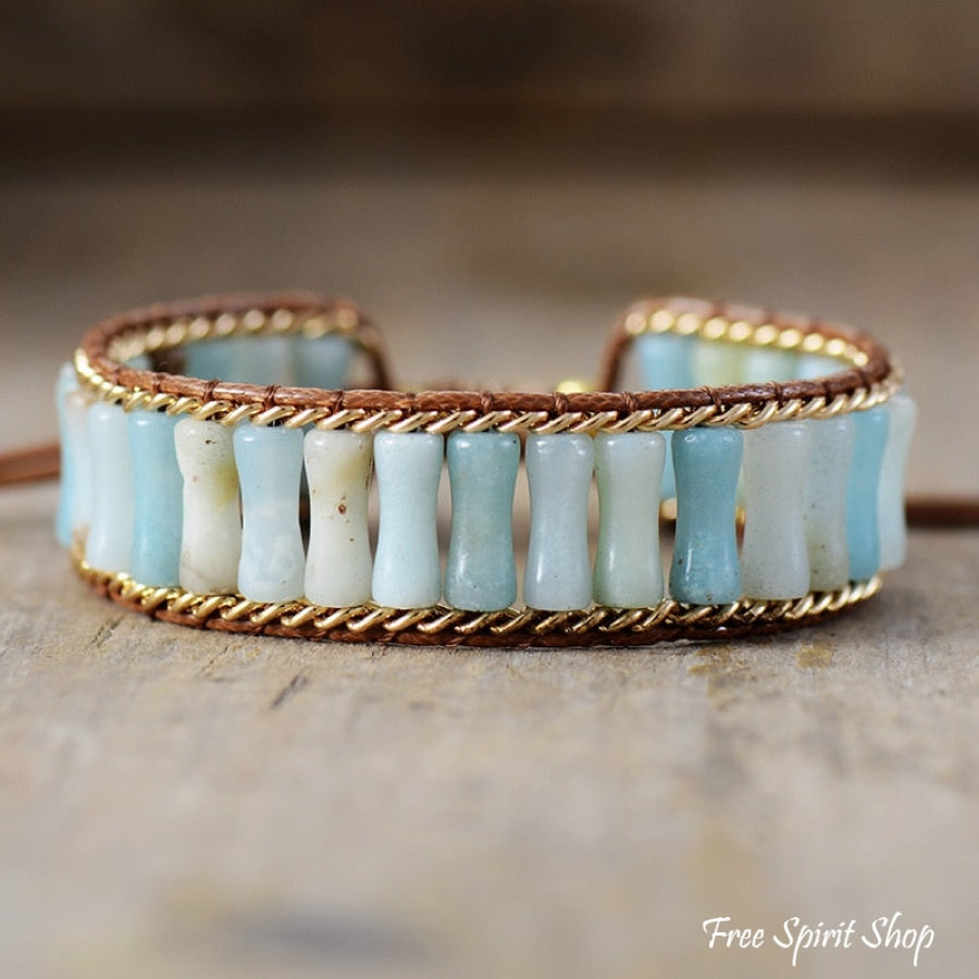 Natural Amazonite Tubes & Gold Chain Adjustable Bead Bracelet