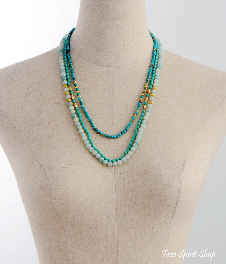 Natural Amazonite & Turquoise Jasper Multi Layer Bead Necklace - Free Spirit Shop