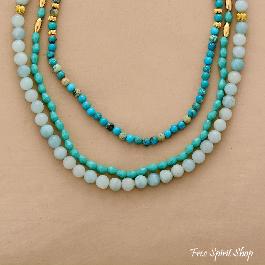 Natural Amazonite & Turquoise Jasper Multi Layer Bead Necklace - Free Spirit Shop