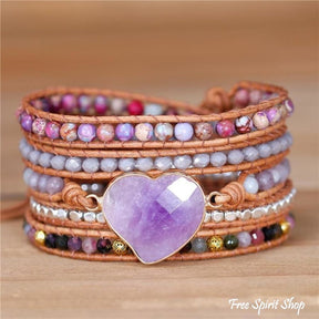 Natural Amethyst Heart Purple Jasper & Tourmaline Beaded Wrap Bracelet - Free Spirit Shop