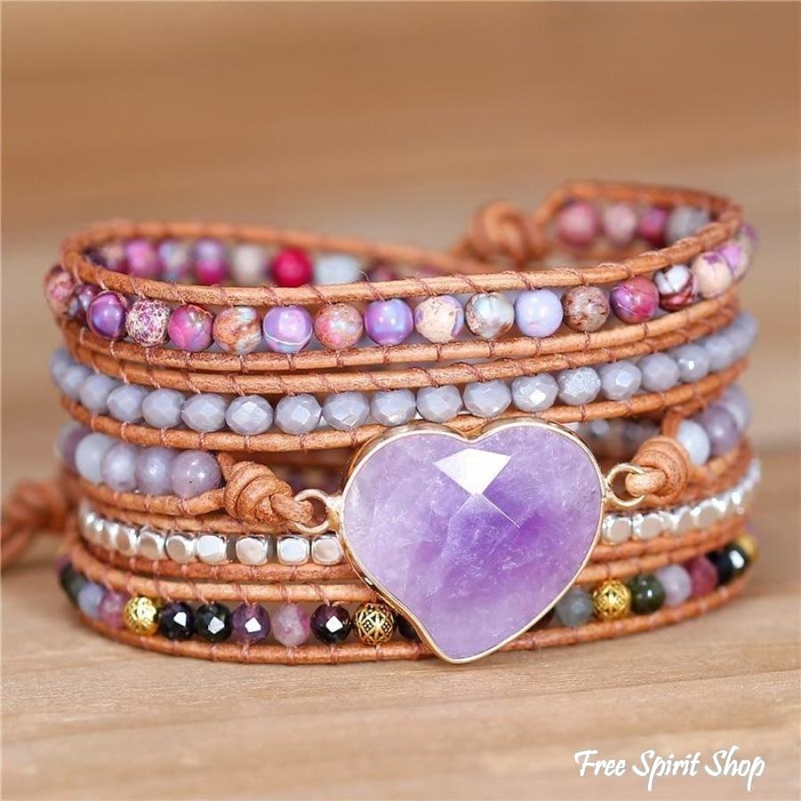 Natural Amethyst Heart Purple Jasper & Tourmaline Beaded Wrap Bracelet - Free Spirit Shop